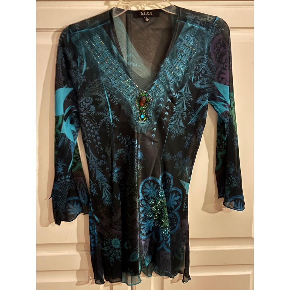 B.L.E.U. Teal Paisley Sheer Mesh Beaded Tunic Top 3/4 Bell Sleeve Small MF252L35